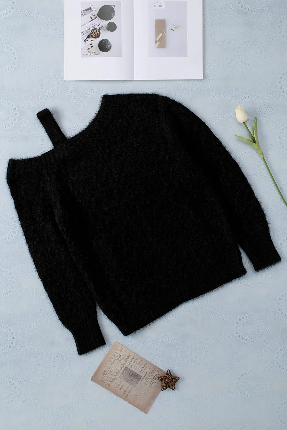 Asymmetric Cut Out Cold Shoulder Eyelash Sweater