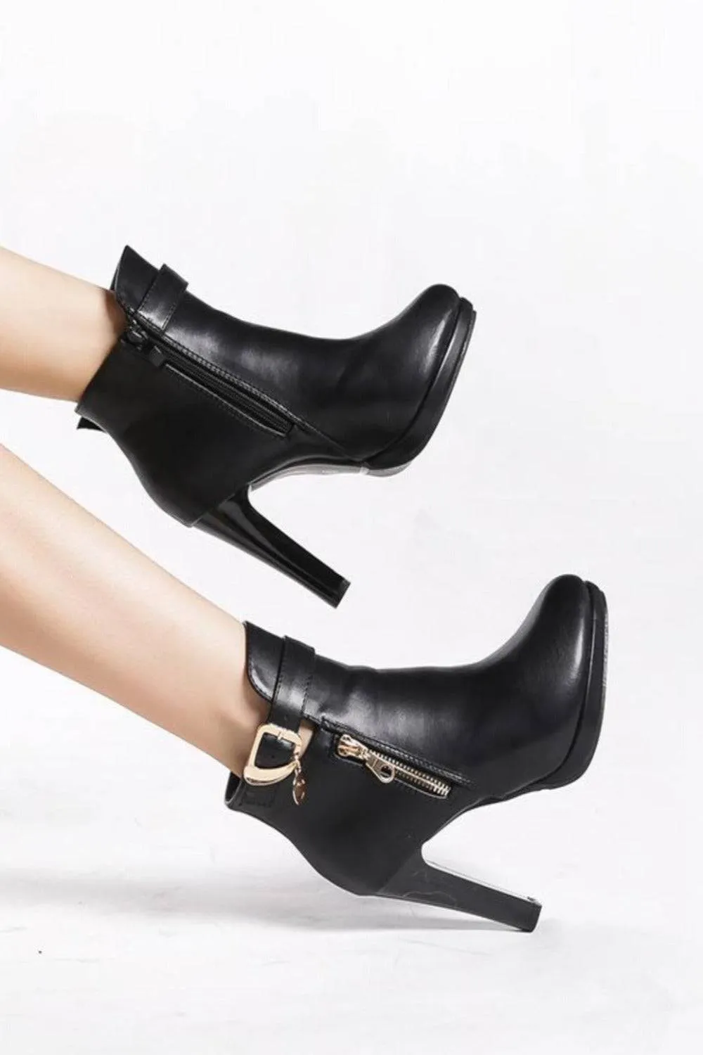 Black High Heel Short Ankle Boots With Gold Buckle