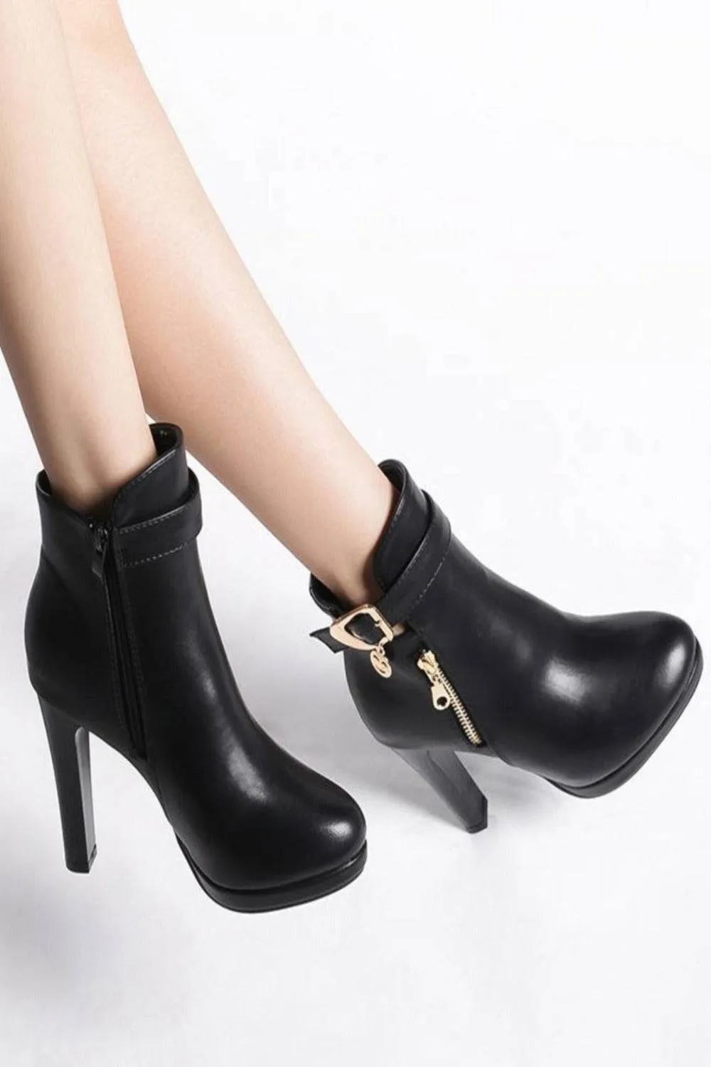 Black High Heel Short Ankle Boots With Gold Buckle