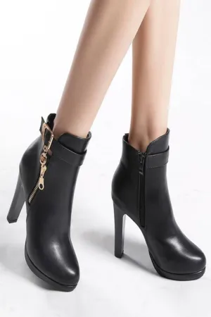 Black High Heel Short Ankle Boots With Gold Buckle