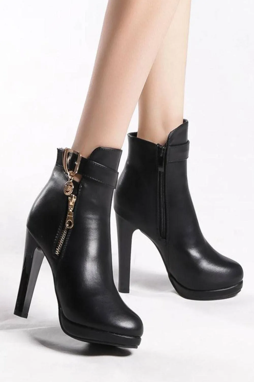 Black High Heel Short Ankle Boots With Gold Buckle