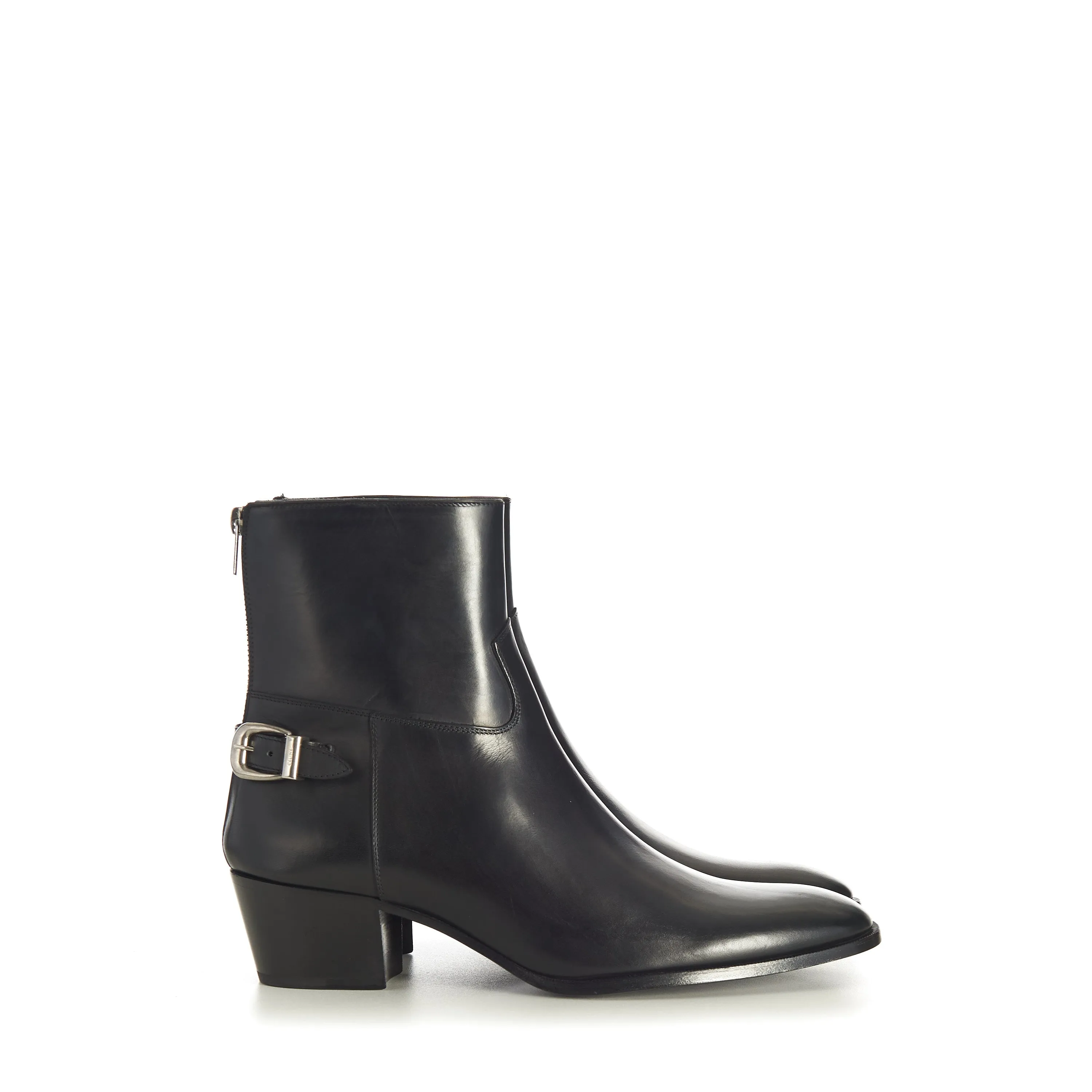 Black Leather Zipped Isaac Ankle Boots - Back Buckle