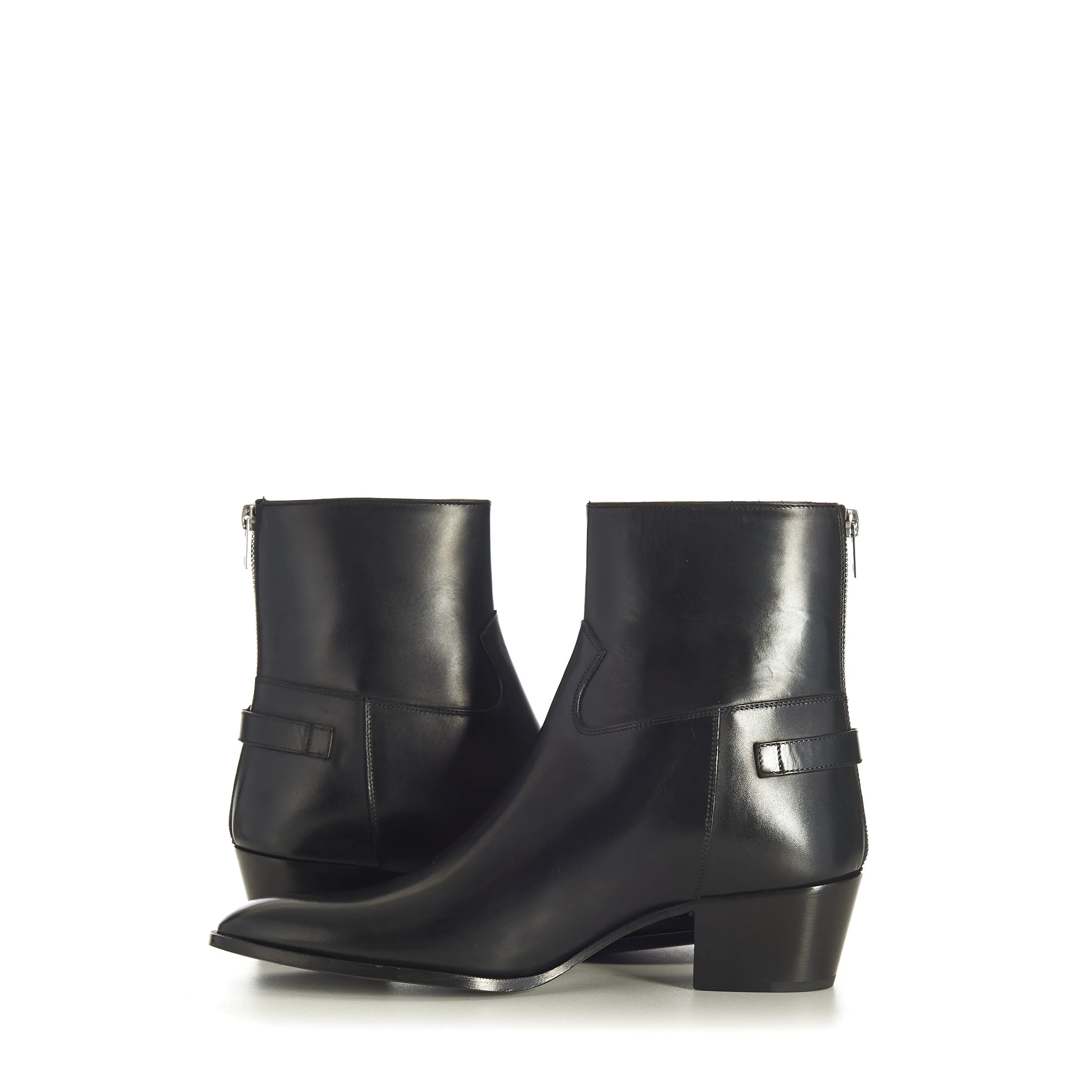 Black Leather Zipped Isaac Ankle Boots - Back Buckle