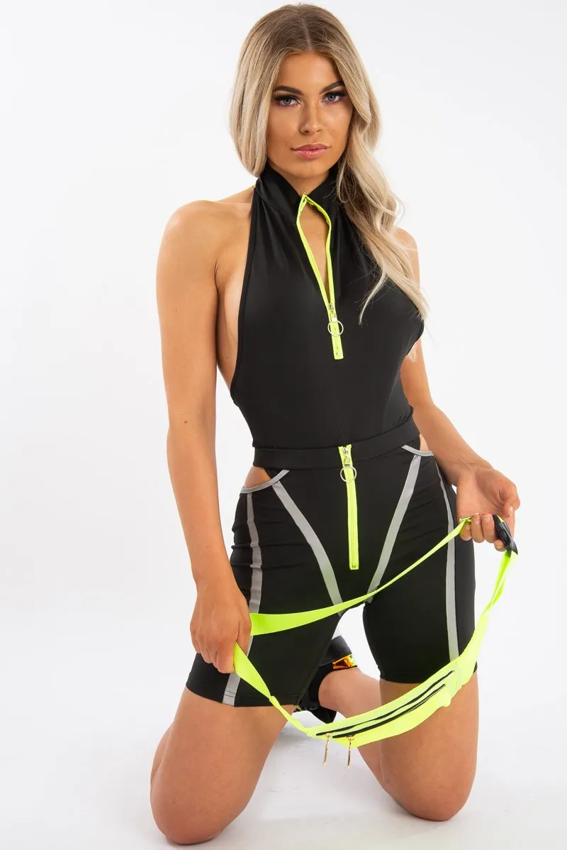 Black Lime Ring Zip Cycling Short Bodysuit Co-ord - Issi