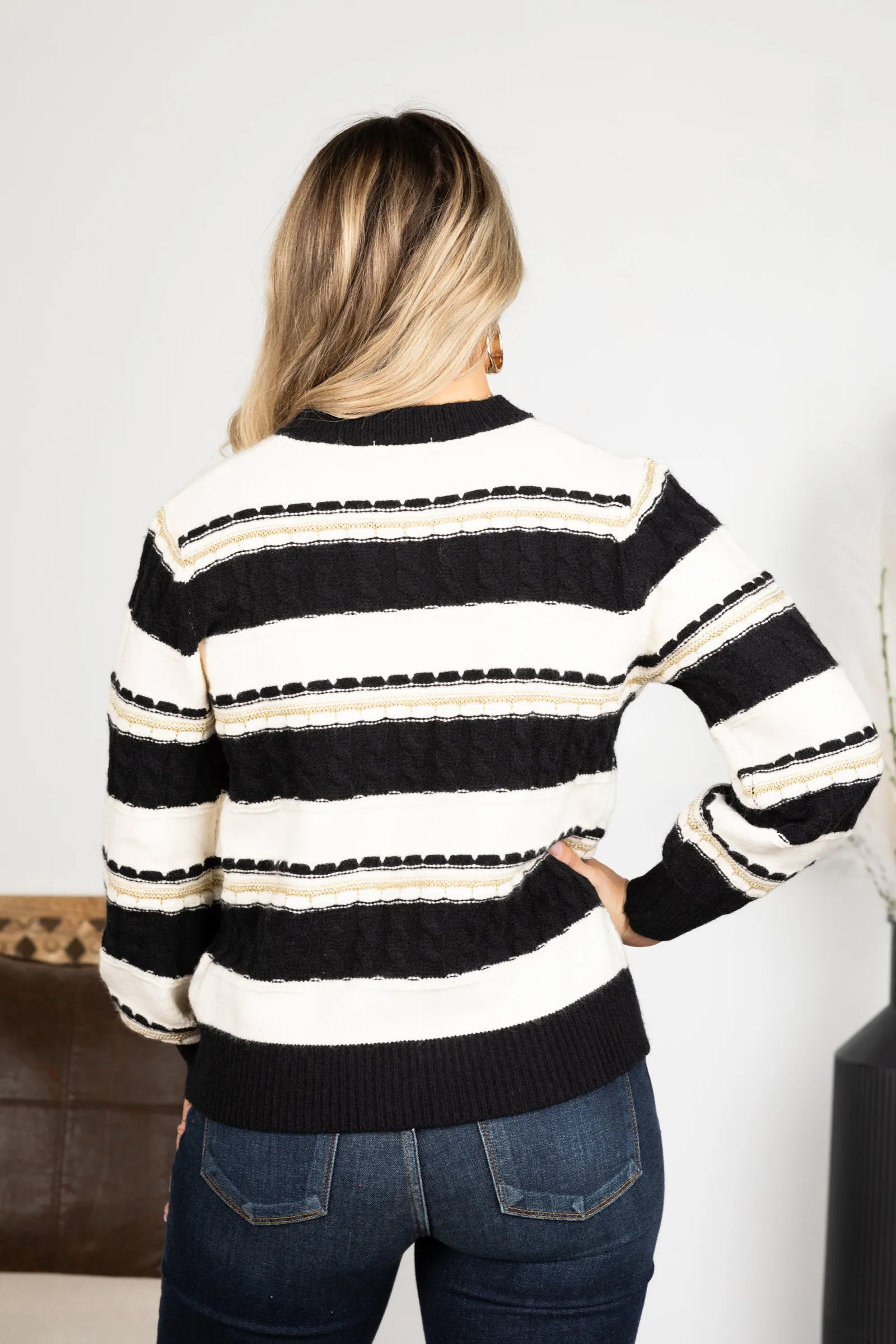 Black Lurex Accent Cable Knit Sweater