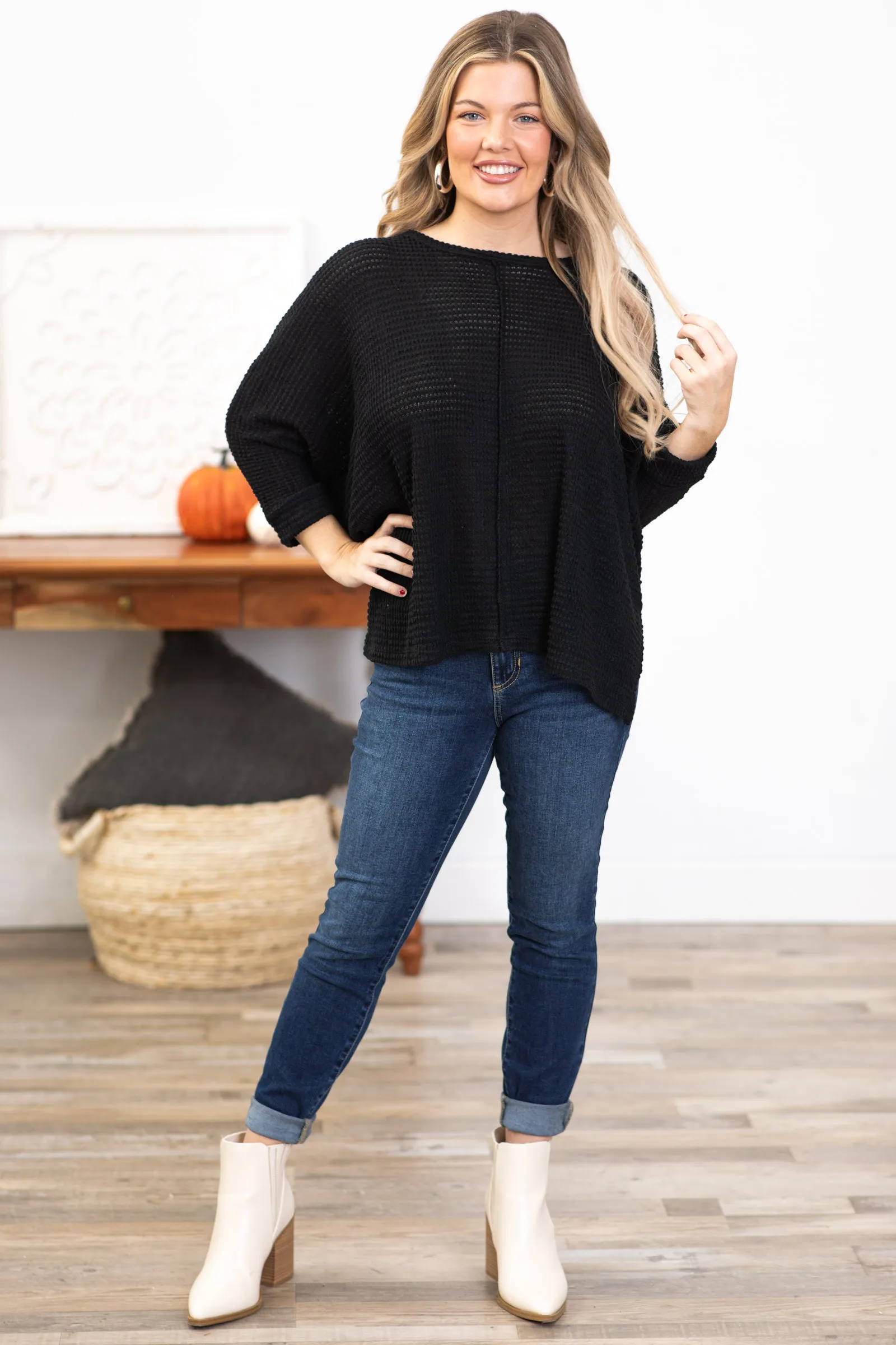 Black Waffle Knit Dolman Sleeve Sweater