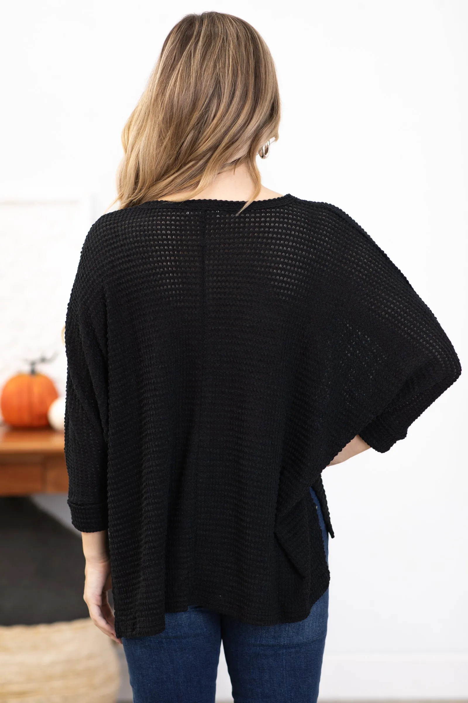 Black Waffle Knit Dolman Sleeve Sweater