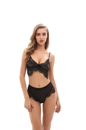 Brazilian Black Strappy Womens Transparent Lace Bra and Panty Sets - 2 Piece Matching Lingerie Set