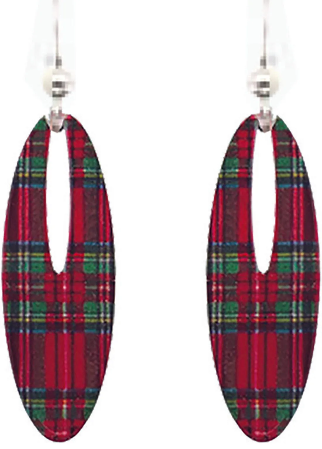 Christmas Plaid 2 inch Slender Oval Eye Earrings, sterling silver French Hooks, Item# 2392