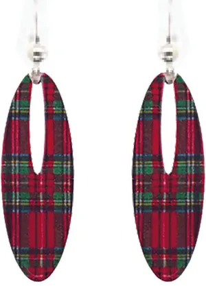 Christmas Plaid 2 inch Slender Oval Eye Earrings, sterling silver French Hooks, Item# 2392