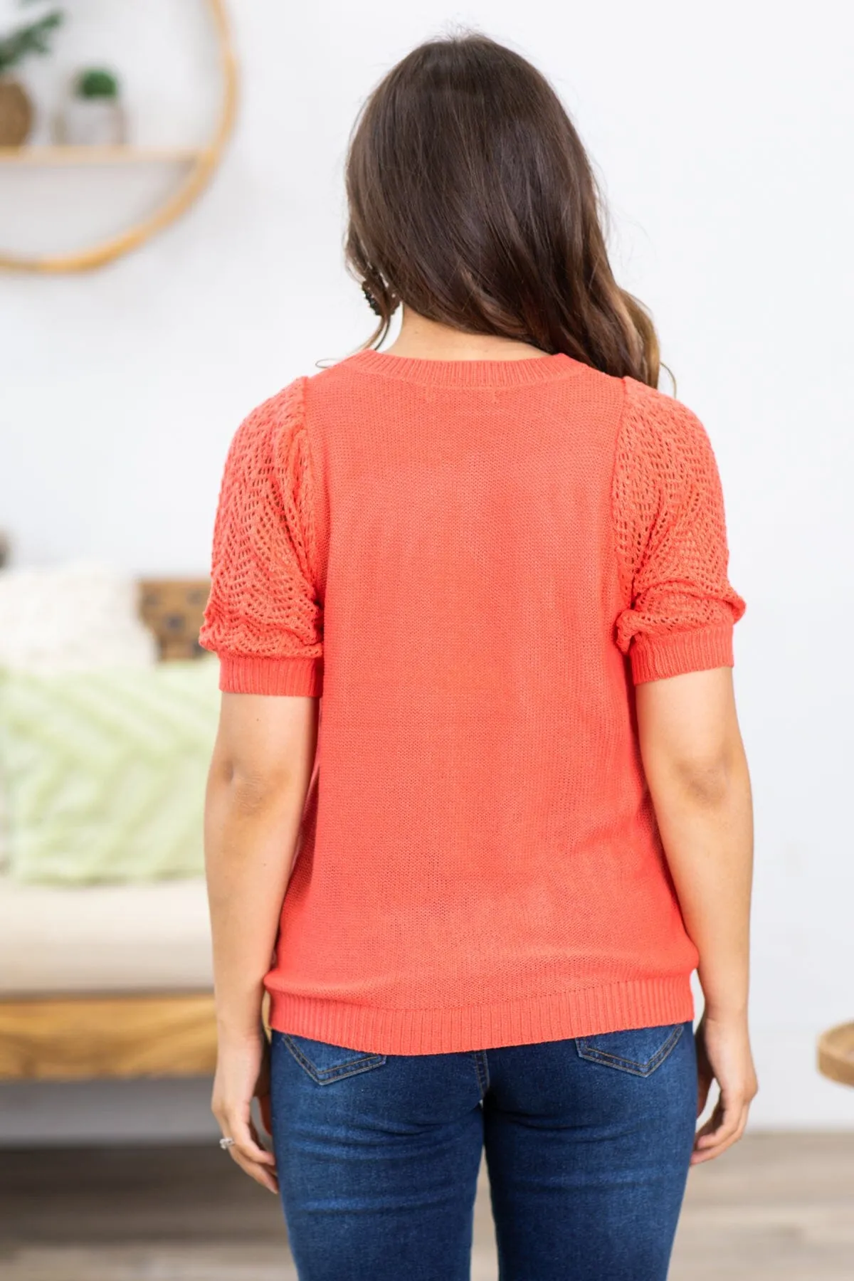 Coral Open Knit Puff Sleeve Top