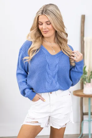 Cornflower V-Neck Cable Knit Sweater