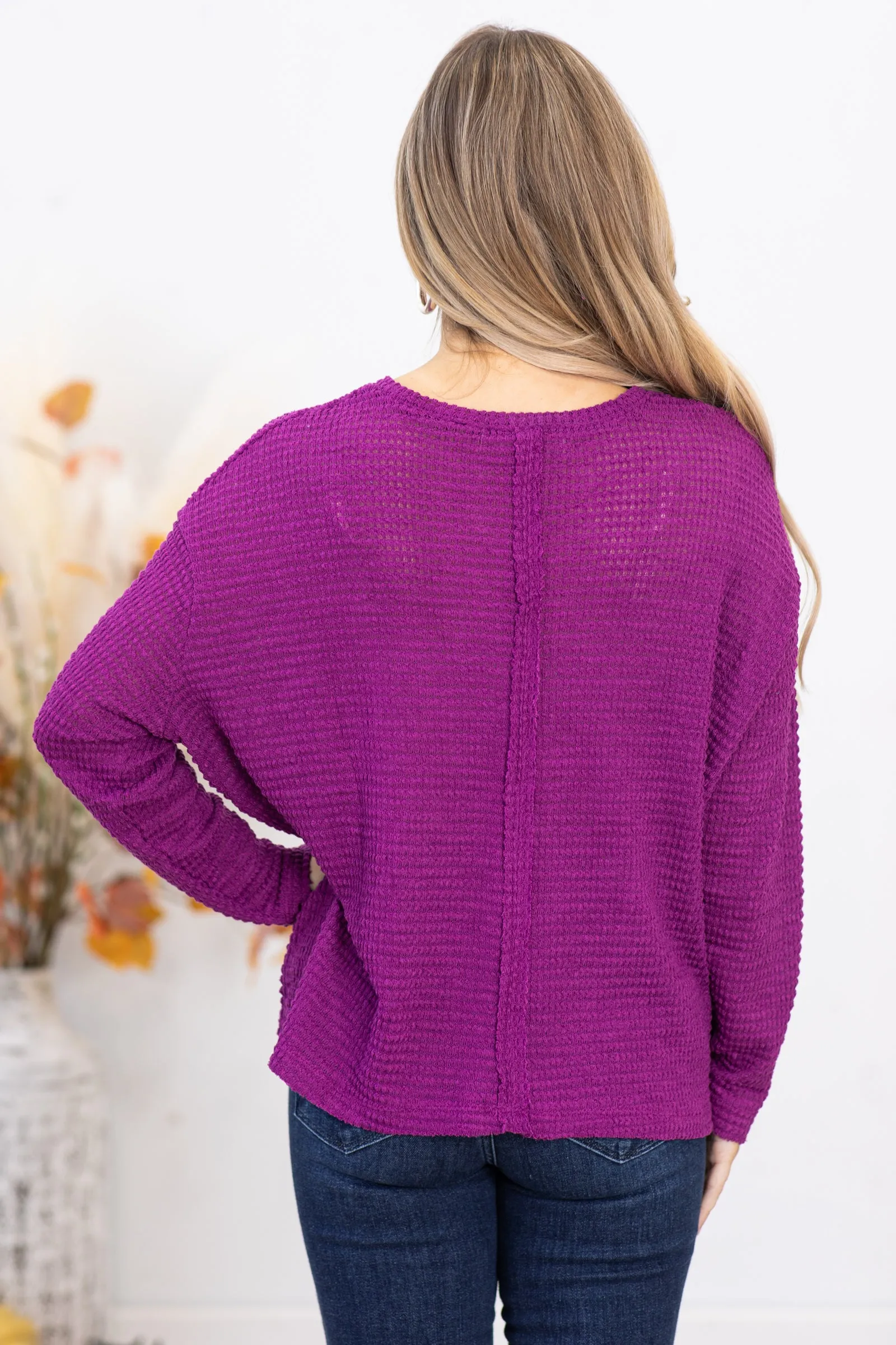 Dark Orchid Waffle Knit Sweater With Pocket