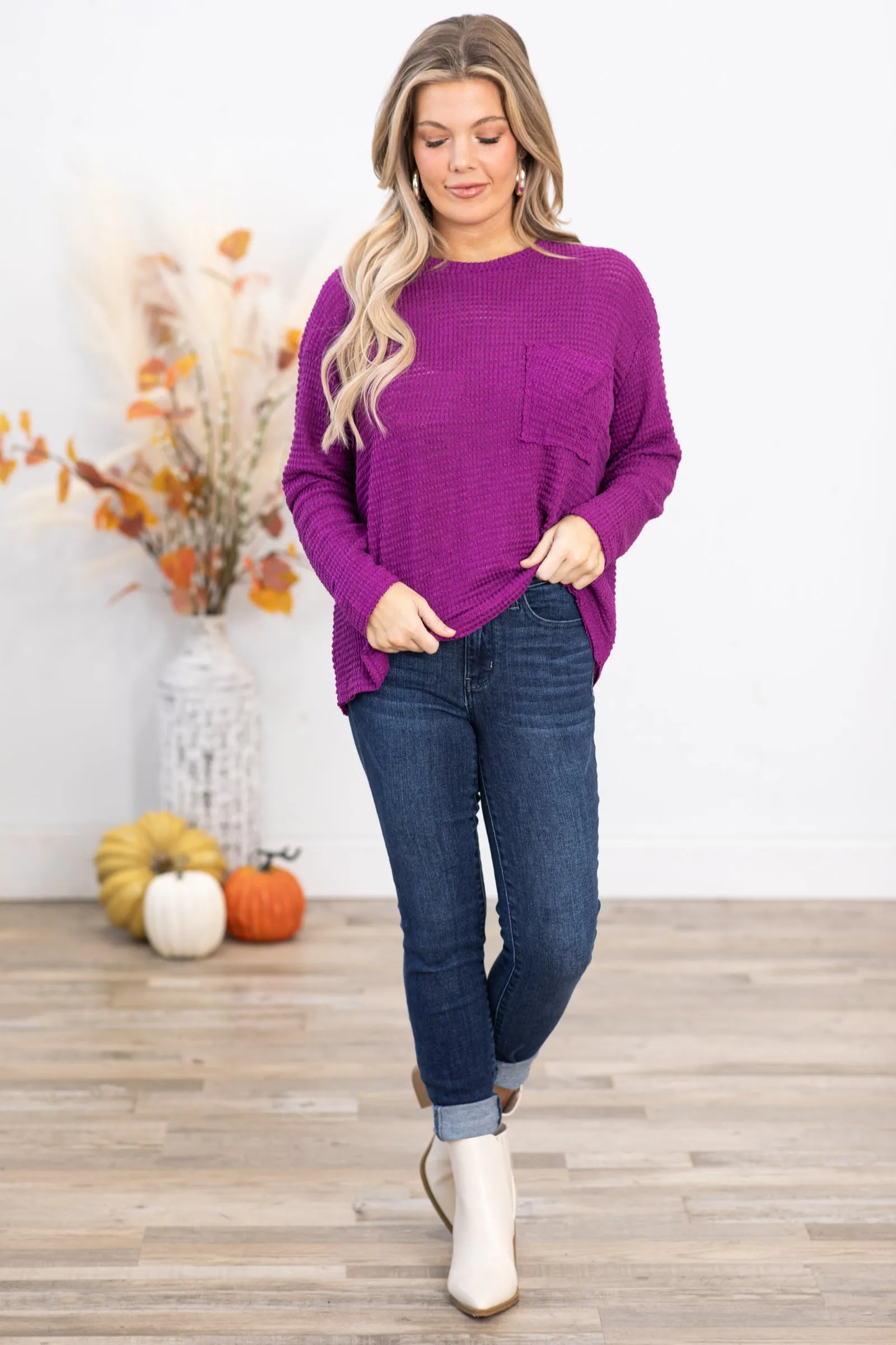 Dark Orchid Waffle Knit Sweater With Pocket