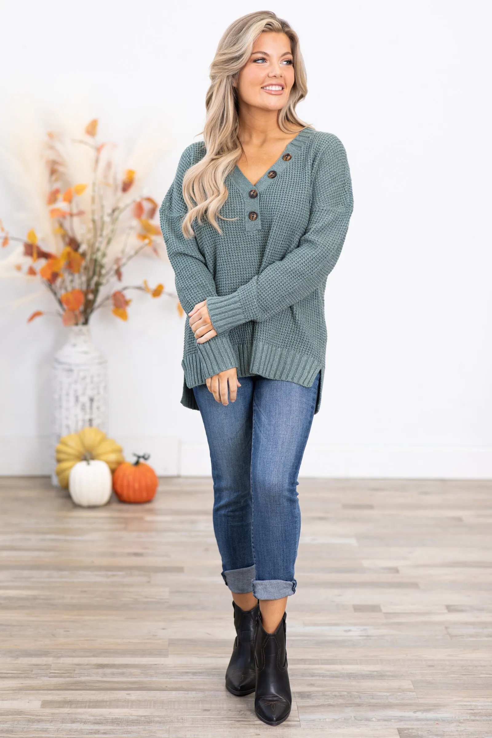 Dark Sage Waffle Knit Sweater With Buttons