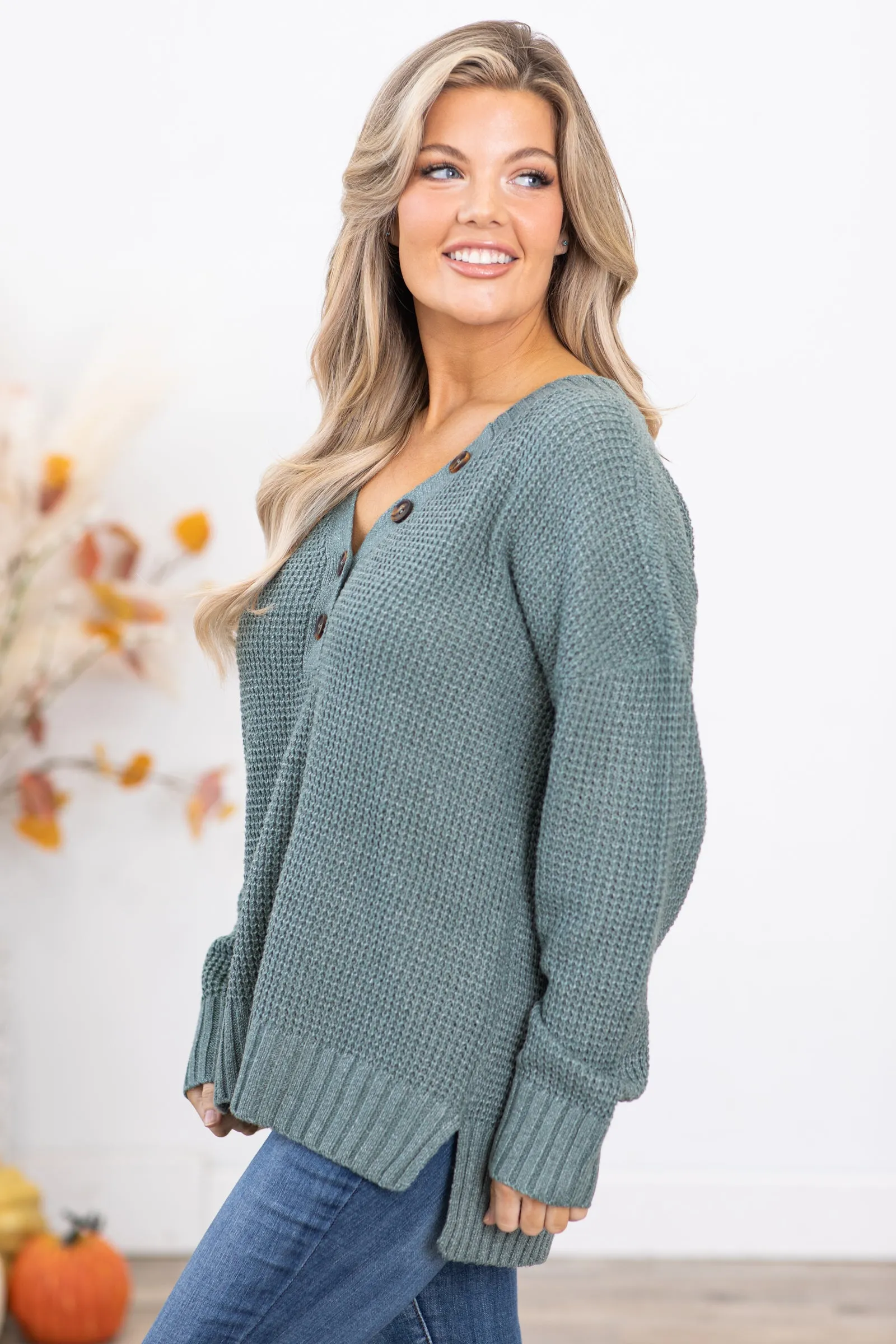 Dark Sage Waffle Knit Sweater With Buttons