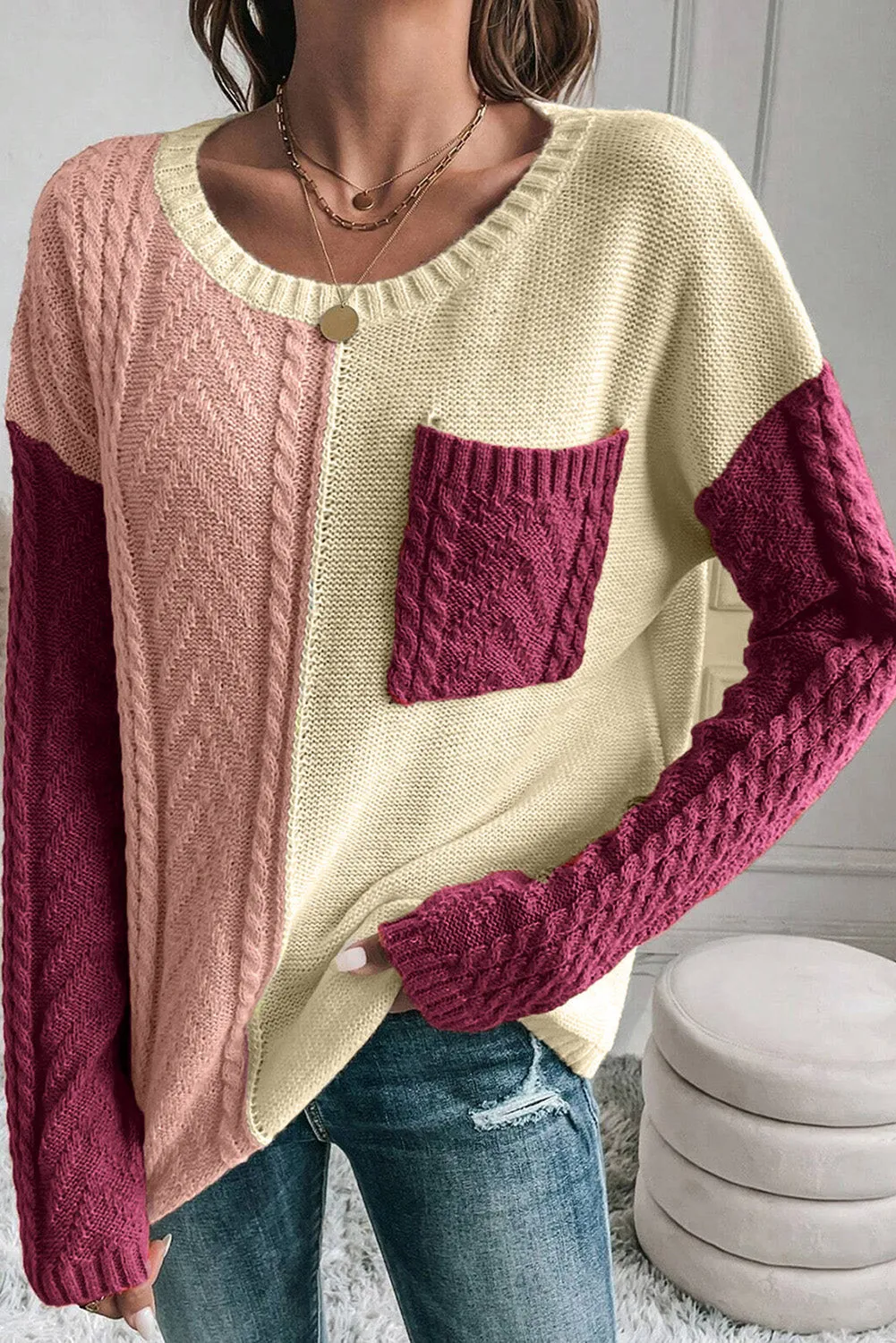 Deidre Double Take Full Size Color Block Drop Shoulder Sweater
