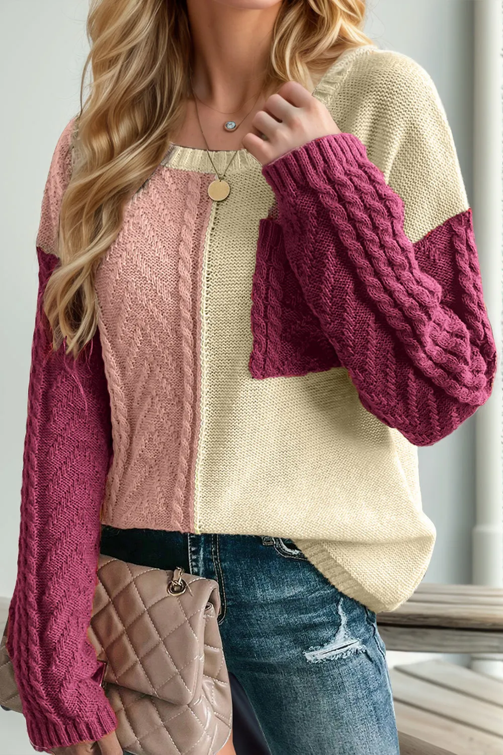 Deidre Double Take Full Size Color Block Drop Shoulder Sweater