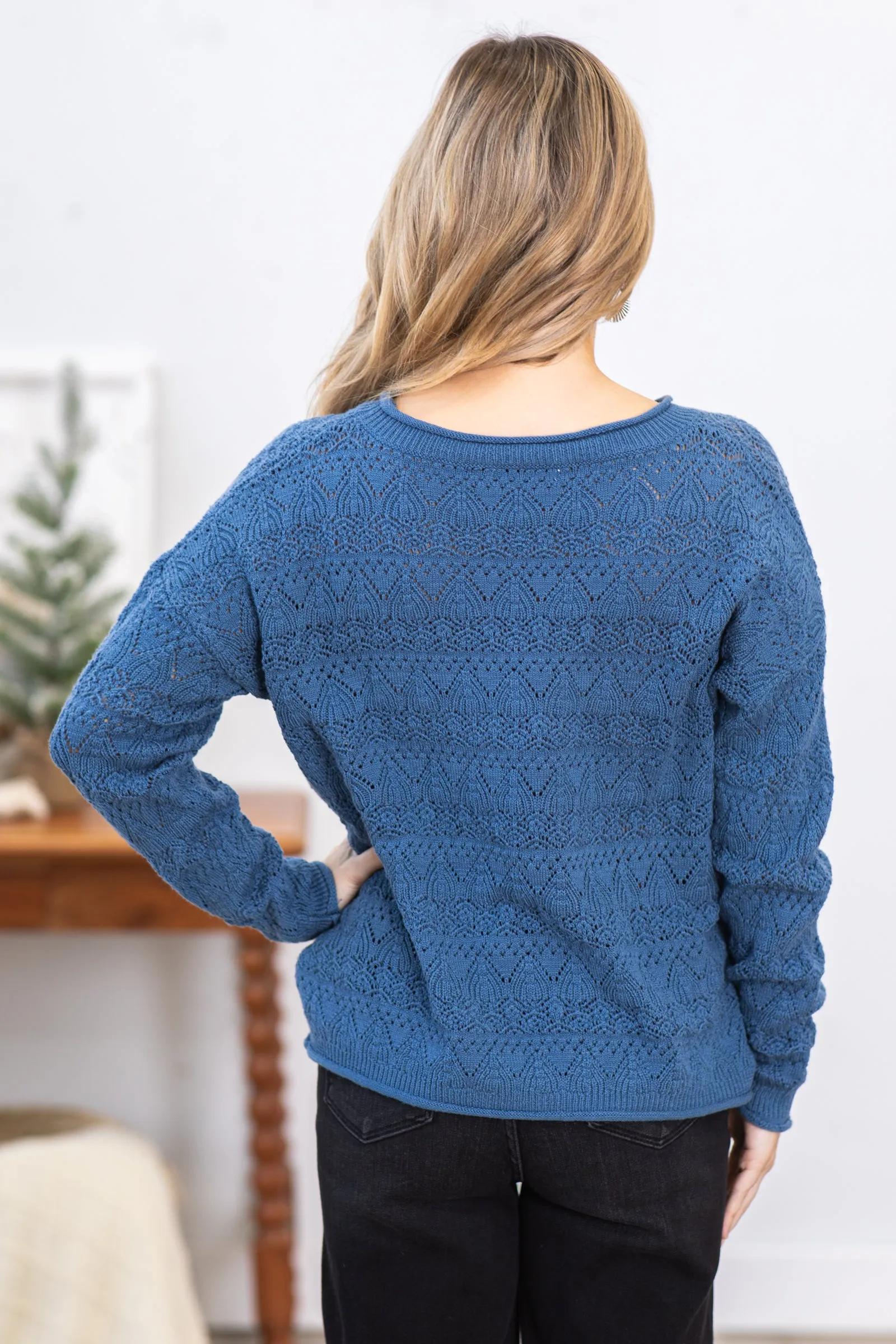 Dusty Blue Crochet Detail Knit Sweater