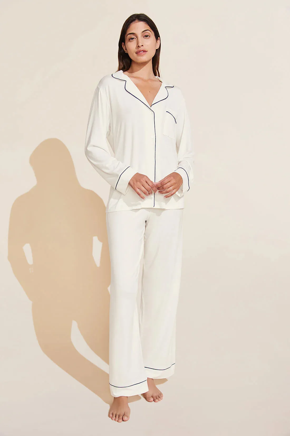 Eberjey - Pure Ivory/Navy Gisele Long PJ Set