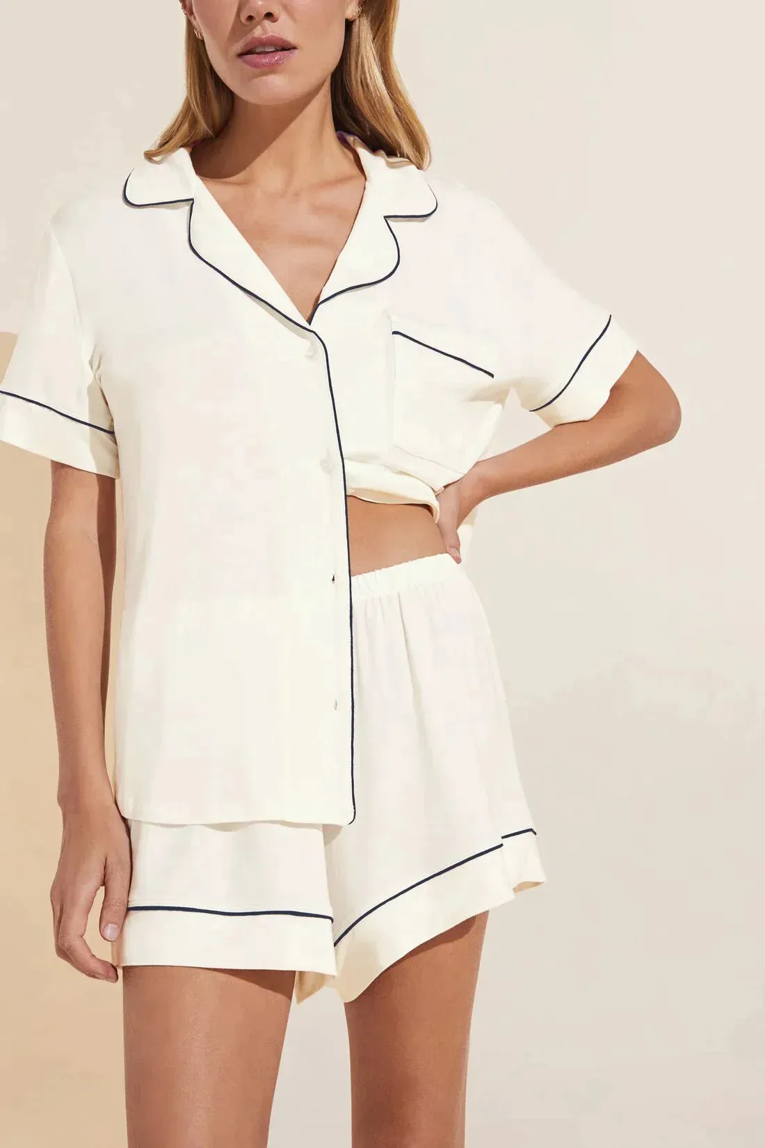 Eberjey - Pure Ivory/Navy Gisele Relaxed Short PJ Set