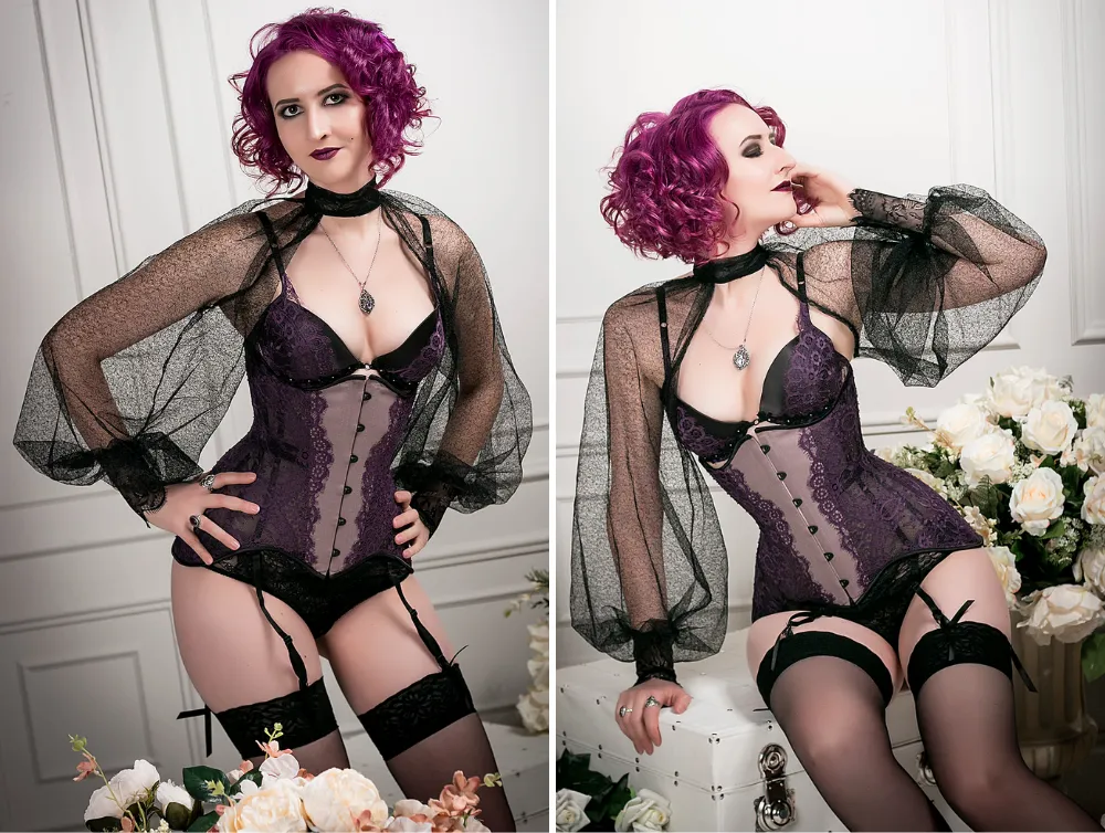 Edwardian burlesque underbust purple corset and bra