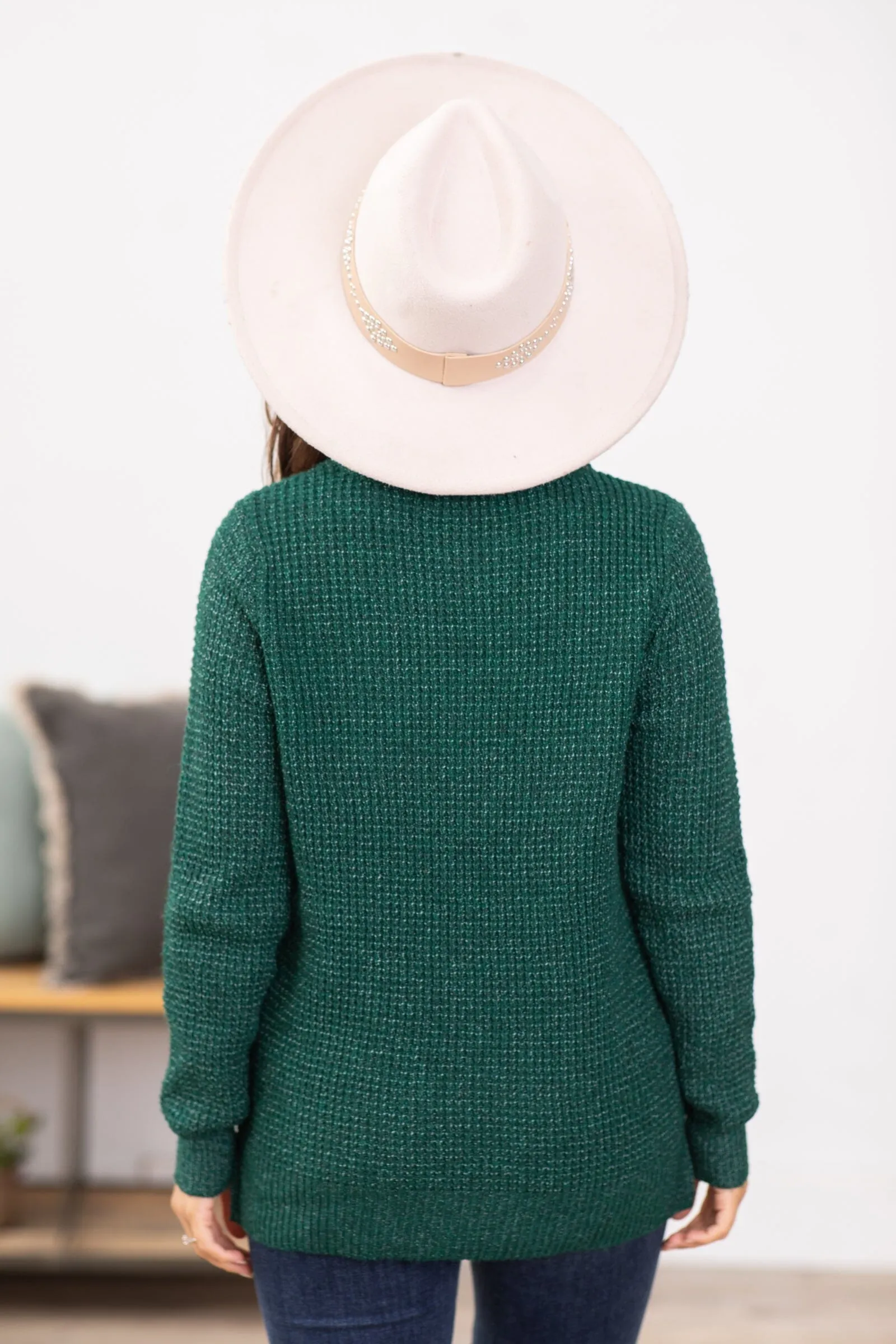 Emerald Green Waffle Knit Round Neck Sweater