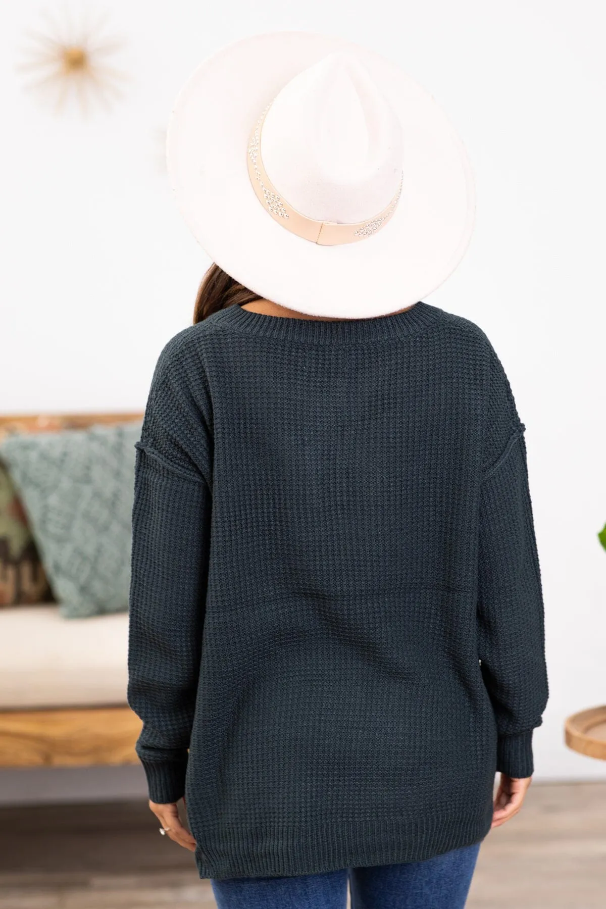 Emerald Waffle Knit Sweater With Buttons