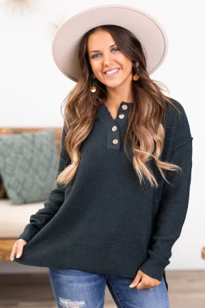 Emerald Waffle Knit Sweater With Buttons