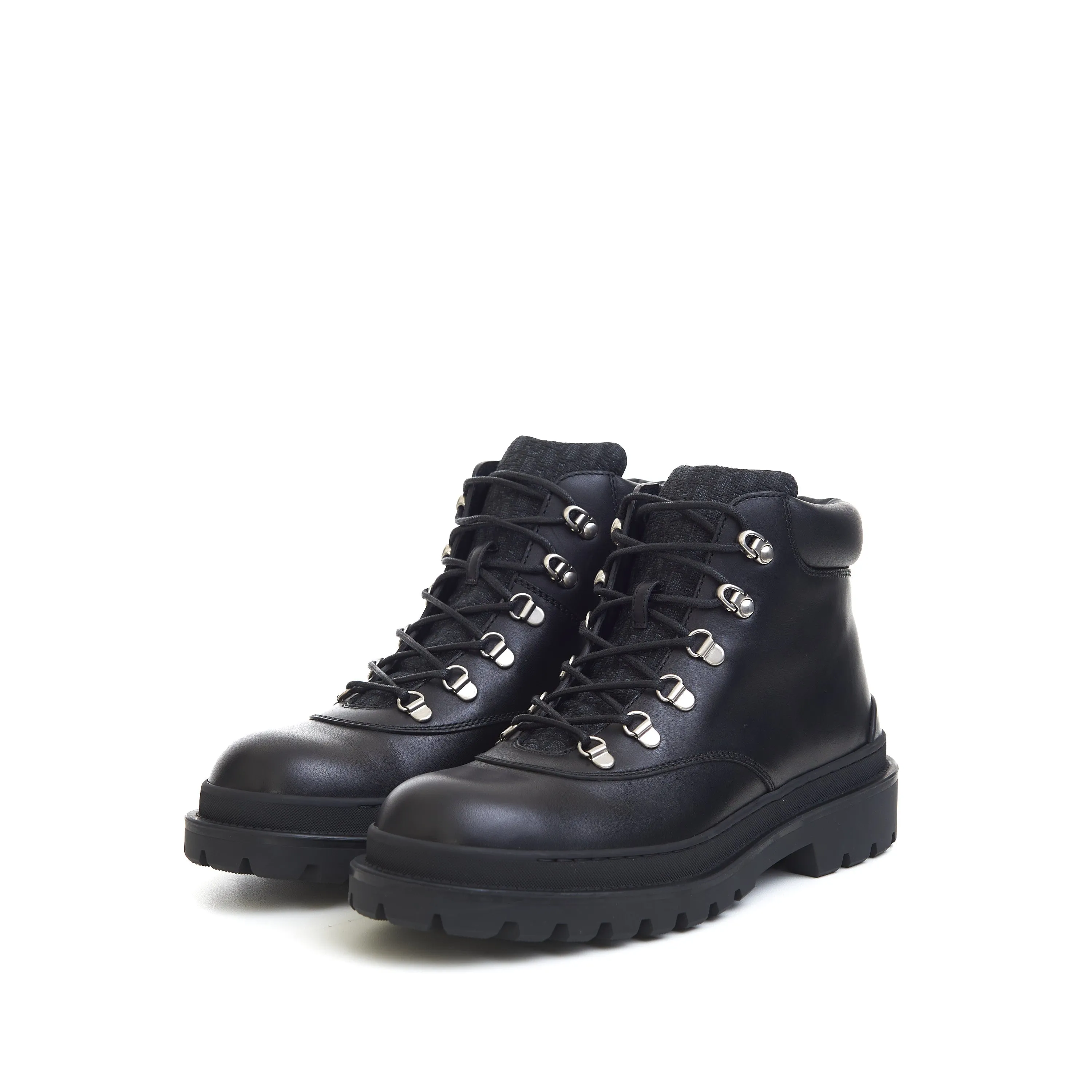 Explorer Hiking Boots In Black Smooth Calfskin & Oblique Jacuard