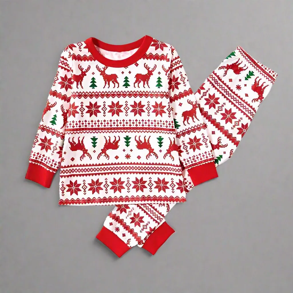Family Matching Christmas Fair Isle Pajamas - Red & White Holiday Reindeer Pajama Set for Kids and Adults