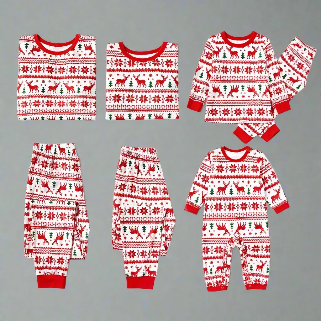 Family Matching Christmas Fair Isle Pajamas - Red & White Holiday Reindeer Pajama Set for Kids and Adults
