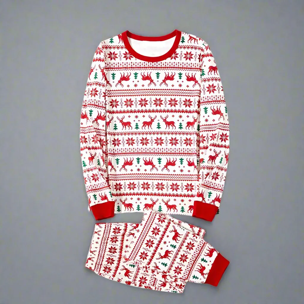 Family Matching Christmas Fair Isle Pajamas - Red & White Holiday Reindeer Pajama Set for Kids and Adults