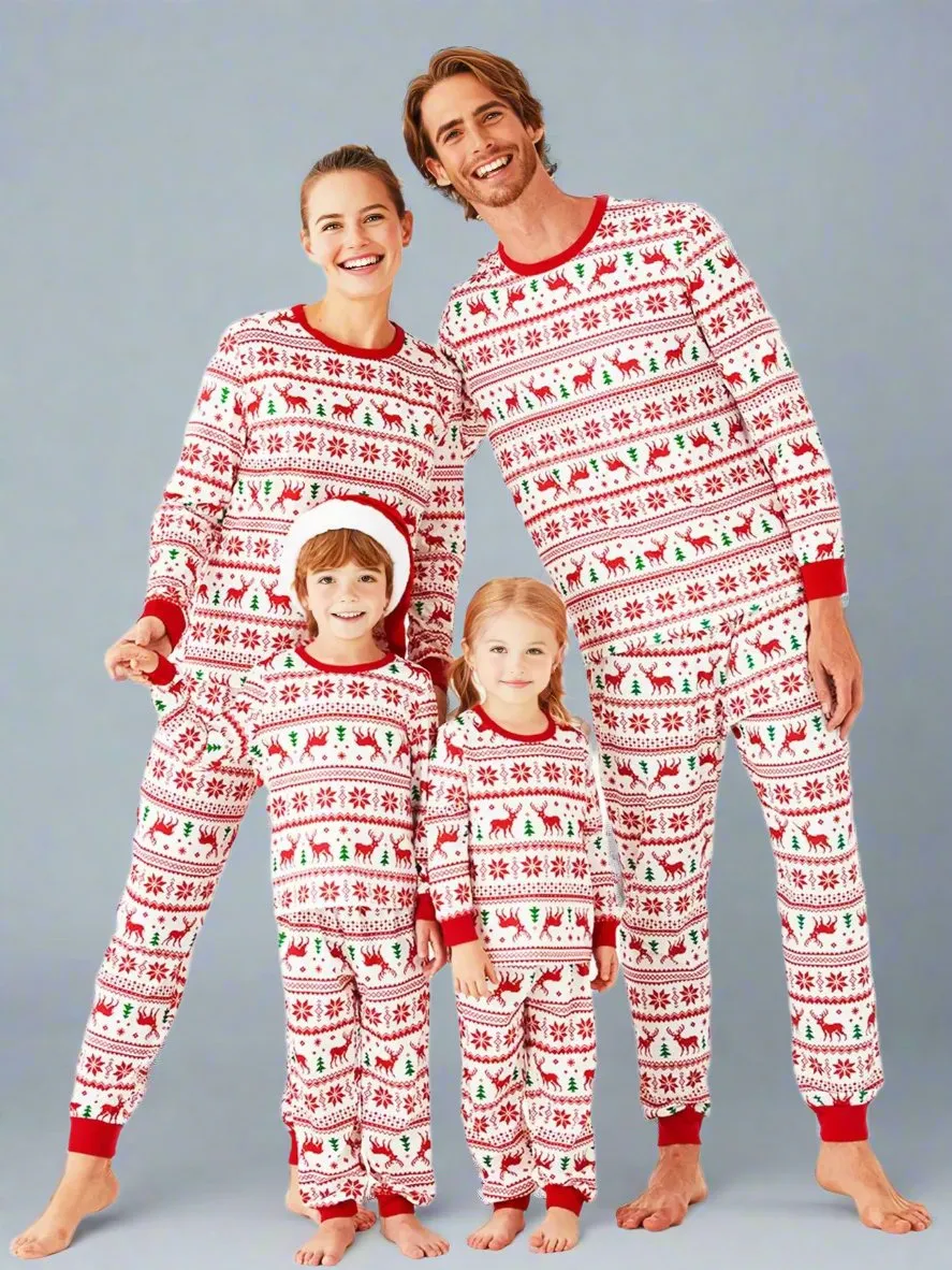 Family Matching Christmas Fair Isle Pajamas - Red & White Holiday Reindeer Pajama Set for Kids and Adults