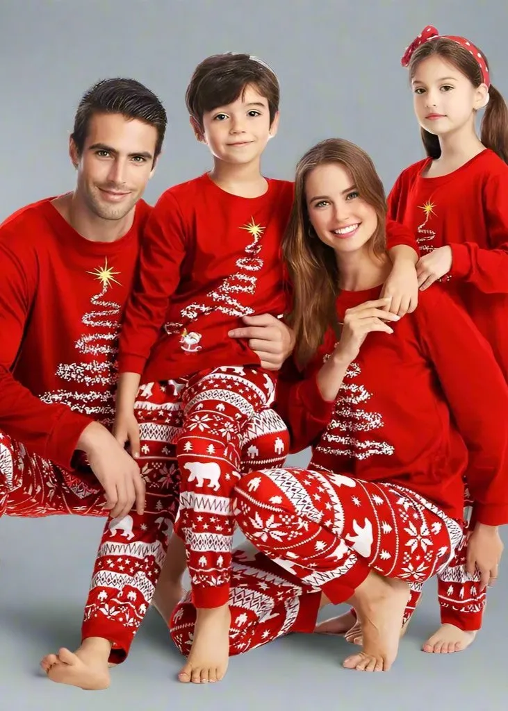 Family Matching Christmas Tree Fair Isle Pajamas - Red & Black Holiday Pajama Set for Kids and Adults