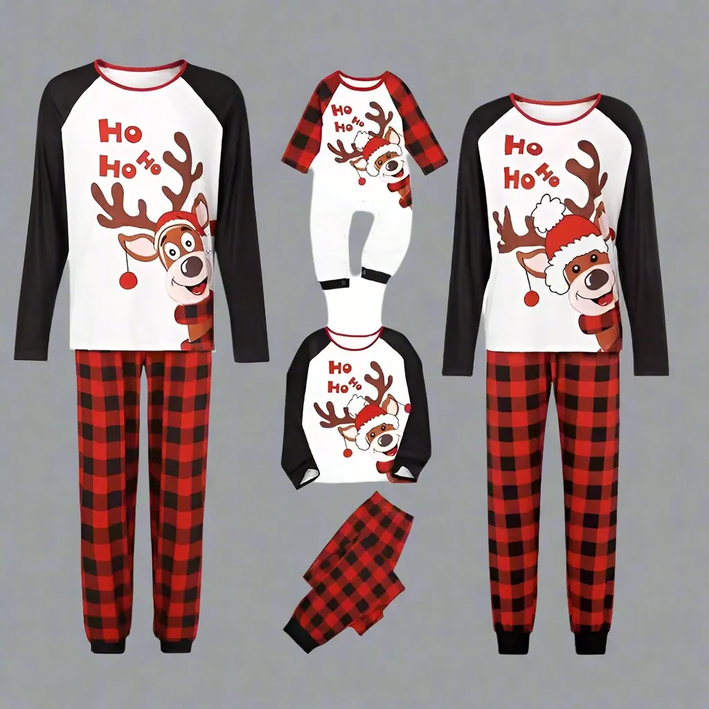 Family Matching "Ho Ho Ho" Reindeer Pajamas - Red & Black Plaid Holiday Pajama Set for Kids, Adults & Infants