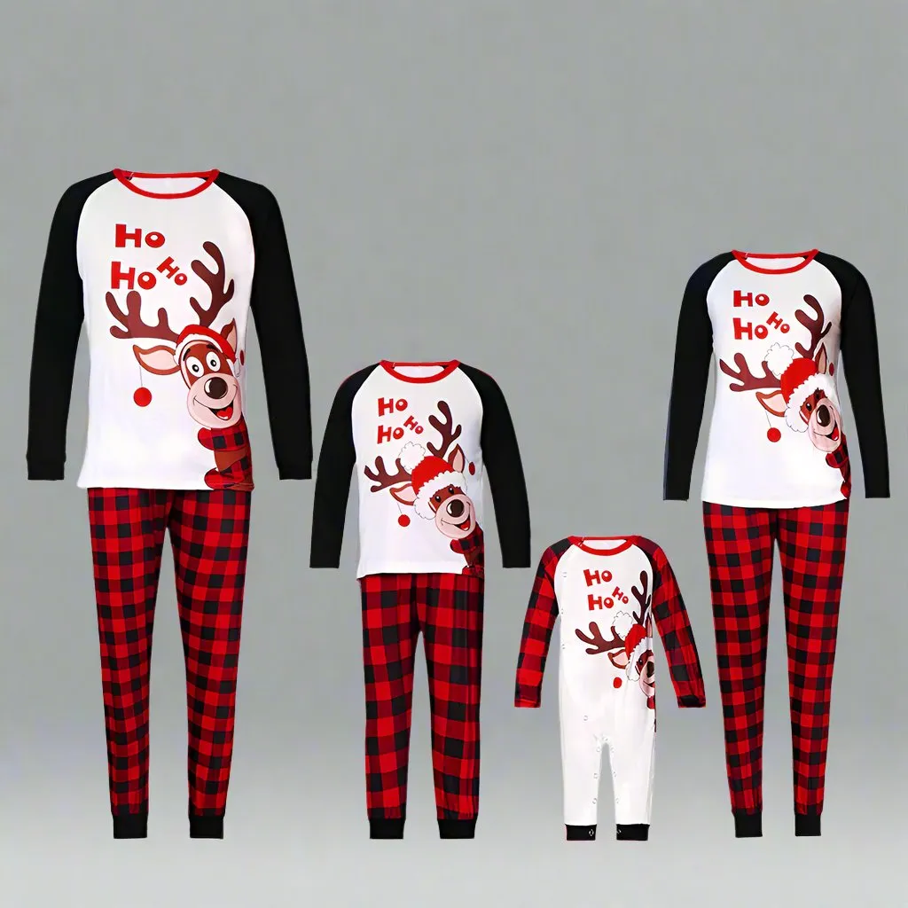 Family Matching "Ho Ho Ho" Reindeer Pajamas - Red & Black Plaid Holiday Pajama Set for Kids, Adults & Infants