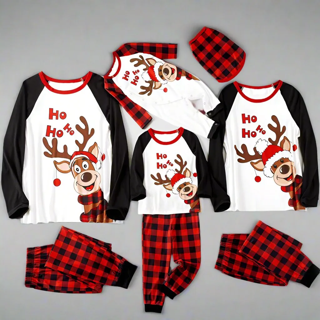 Family Matching "Ho Ho Ho" Reindeer Pajamas - Red & Black Plaid Holiday Pajama Set for Kids, Adults & Infants