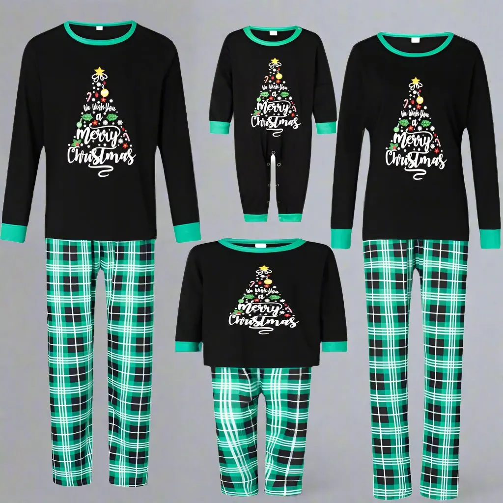 Family Matching "Merry Christmas" Tree Pajamas - Black & Green Plaid Holiday Pajama Set for Kids, Adults & Infants