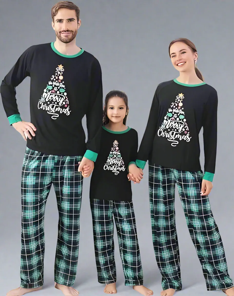 Family Matching "Merry Christmas" Tree Pajamas - Black & Green Plaid Holiday Pajama Set for Kids, Adults & Infants