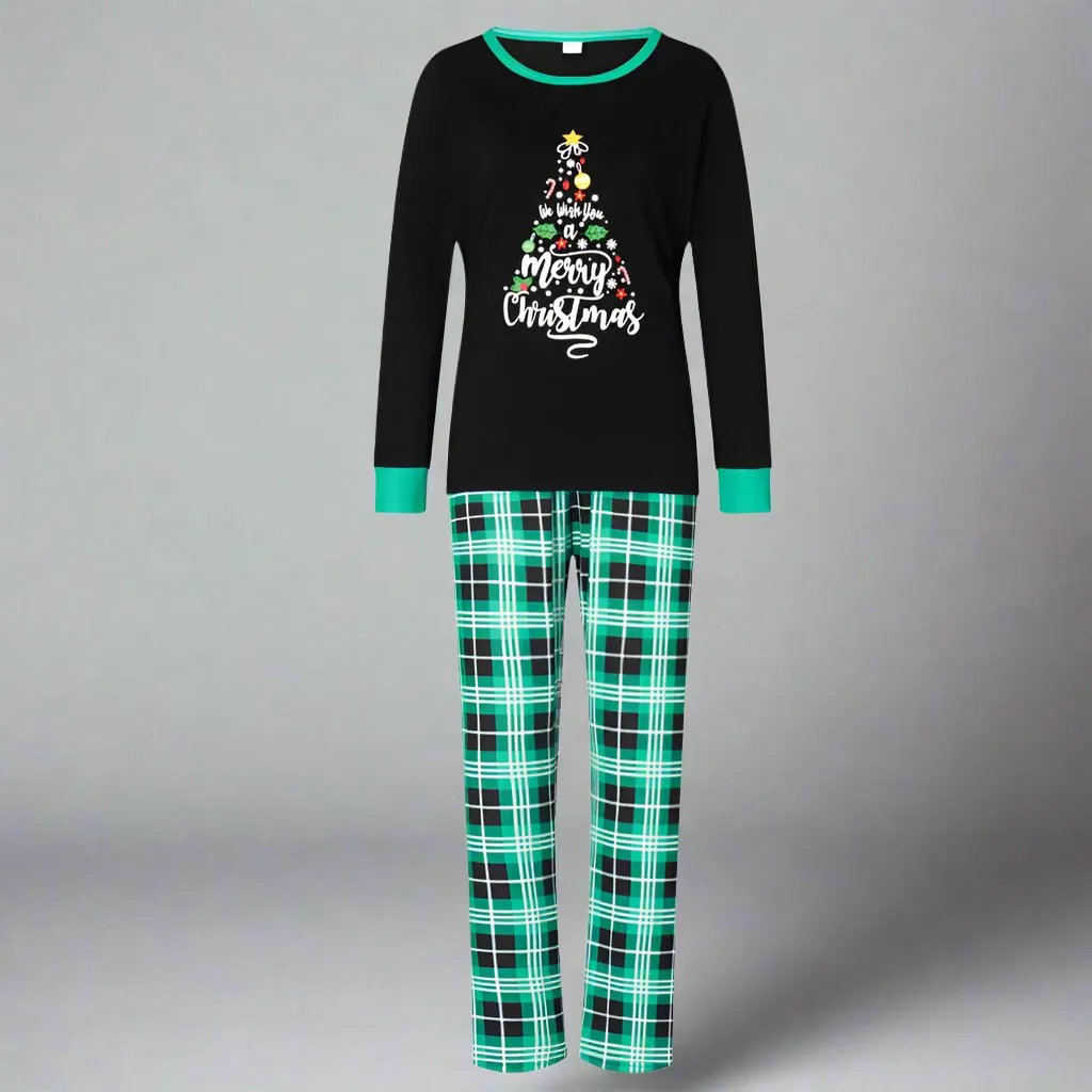 Family Matching "Merry Christmas" Tree Pajamas - Black & Green Plaid Holiday Pajama Set for Kids, Adults & Infants