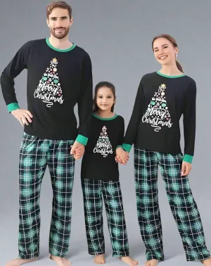 Family Matching "Merry Christmas" Tree Pajamas - Black & Green Plaid Holiday Pajama Set for Kids, Adults & Infants