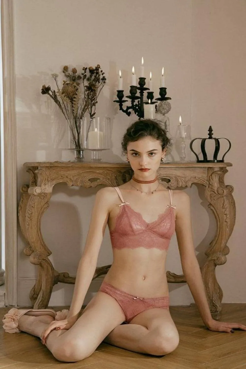 Floral French Lace Ultra-thin Wire Free Bra Underwear Set - Pink
