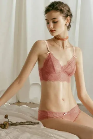 Floral French Lace Ultra-thin Wire Free Bra Underwear Set - Pink