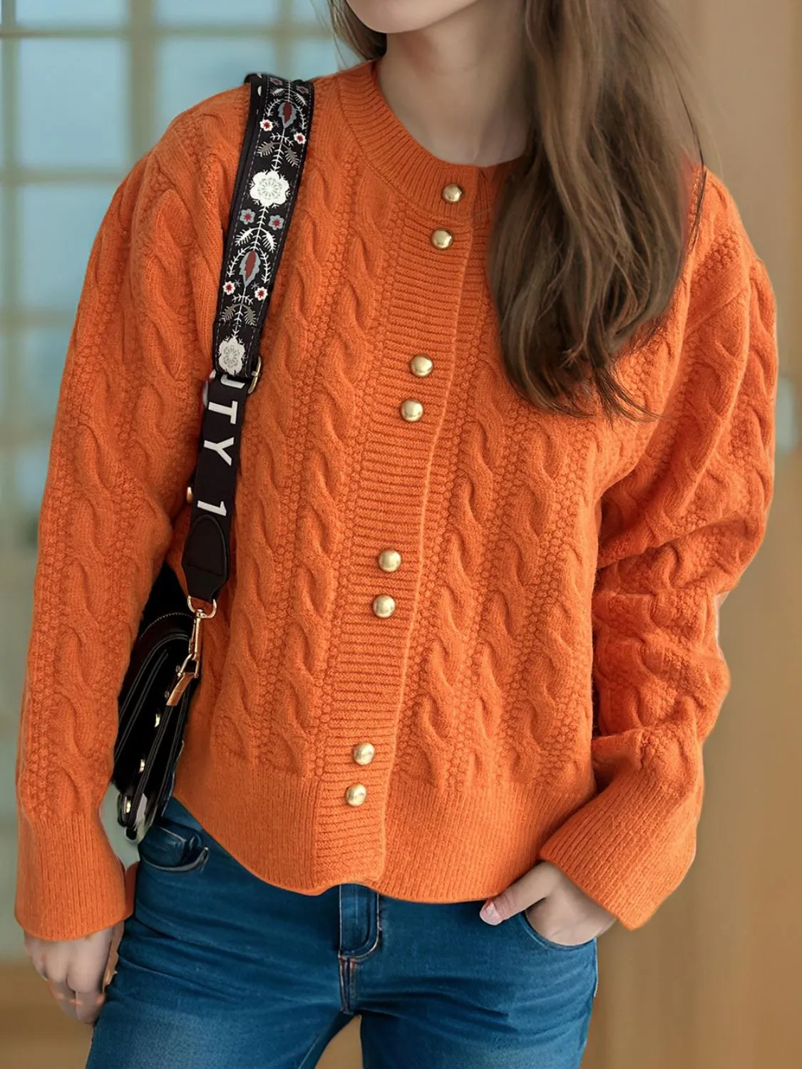 Frankie Cable-Knit Round Neck Long Sleeve Cardigan