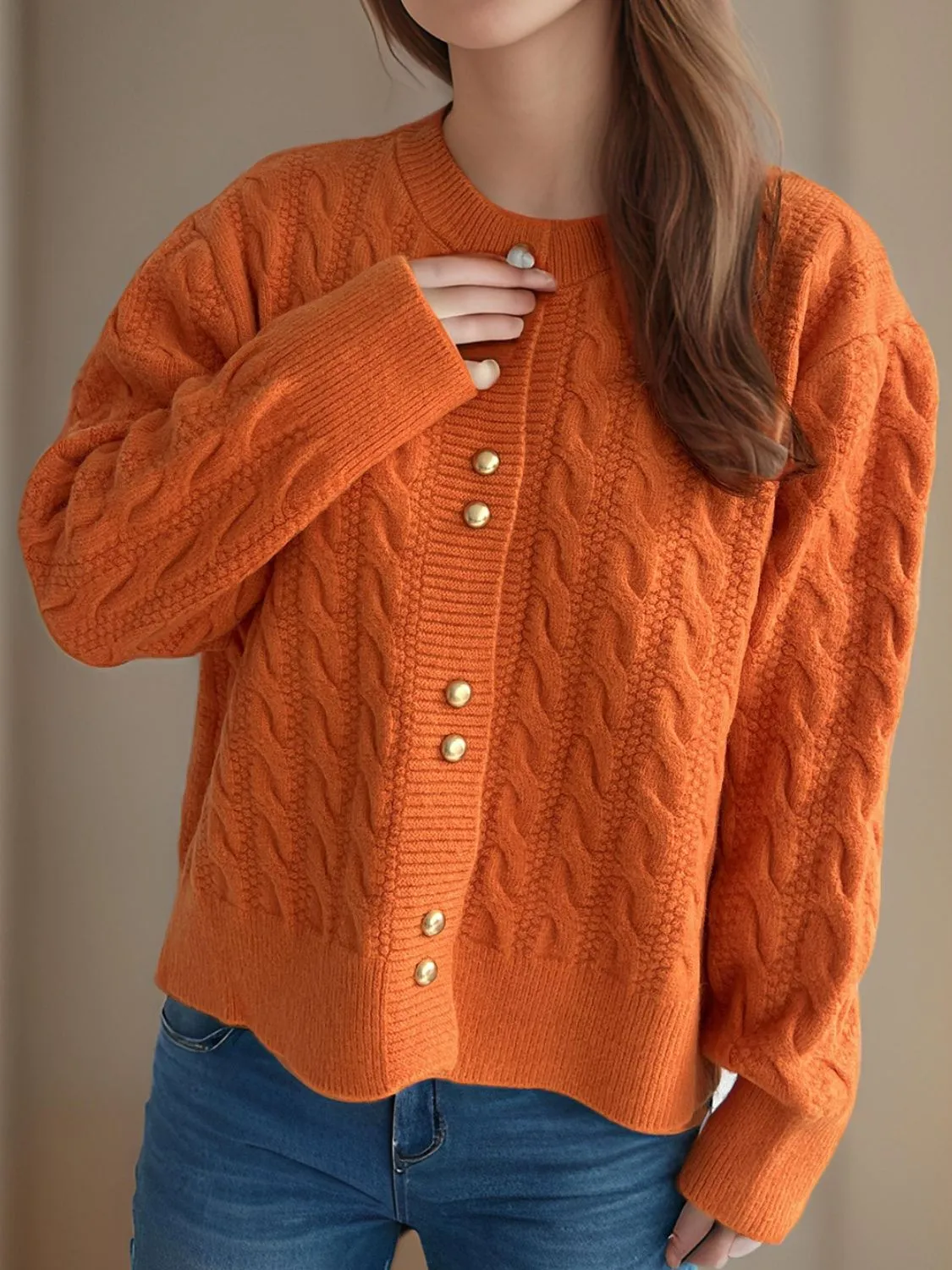 Frankie Cable-Knit Round Neck Long Sleeve Cardigan