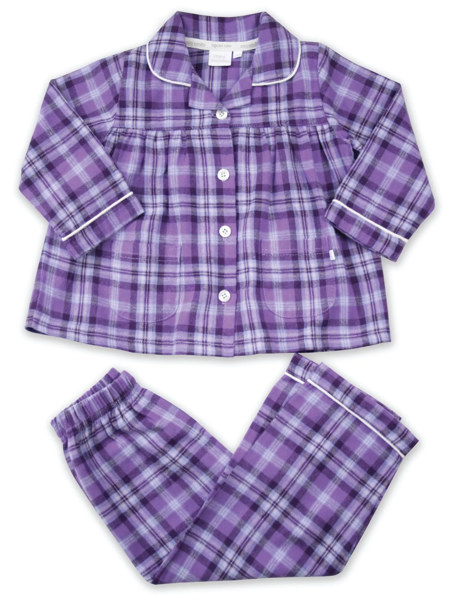 Girls Lilac Check Traditional Cotton Pyjama Set.