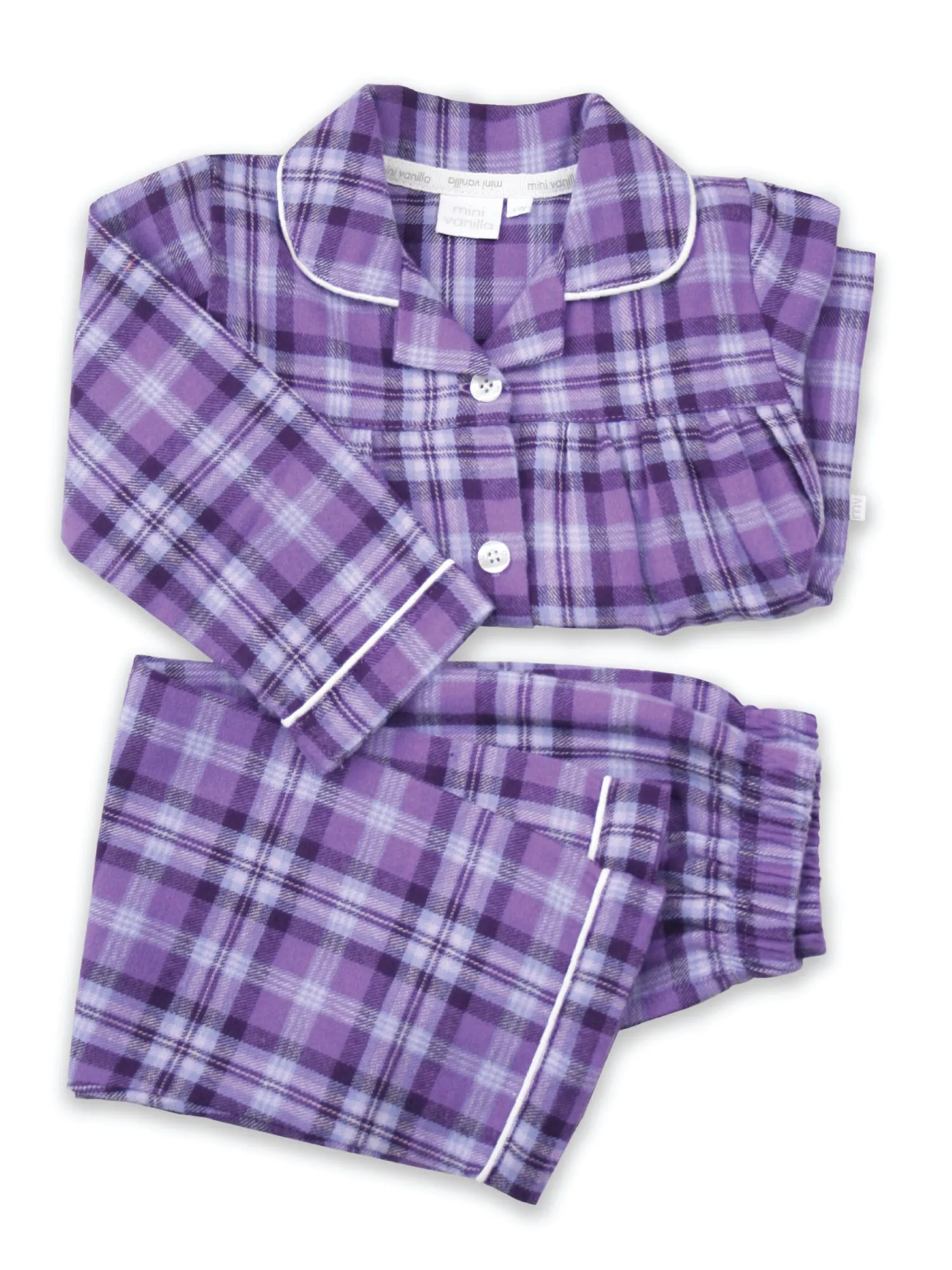 Girls Lilac Check Traditional Cotton Pyjama Set.