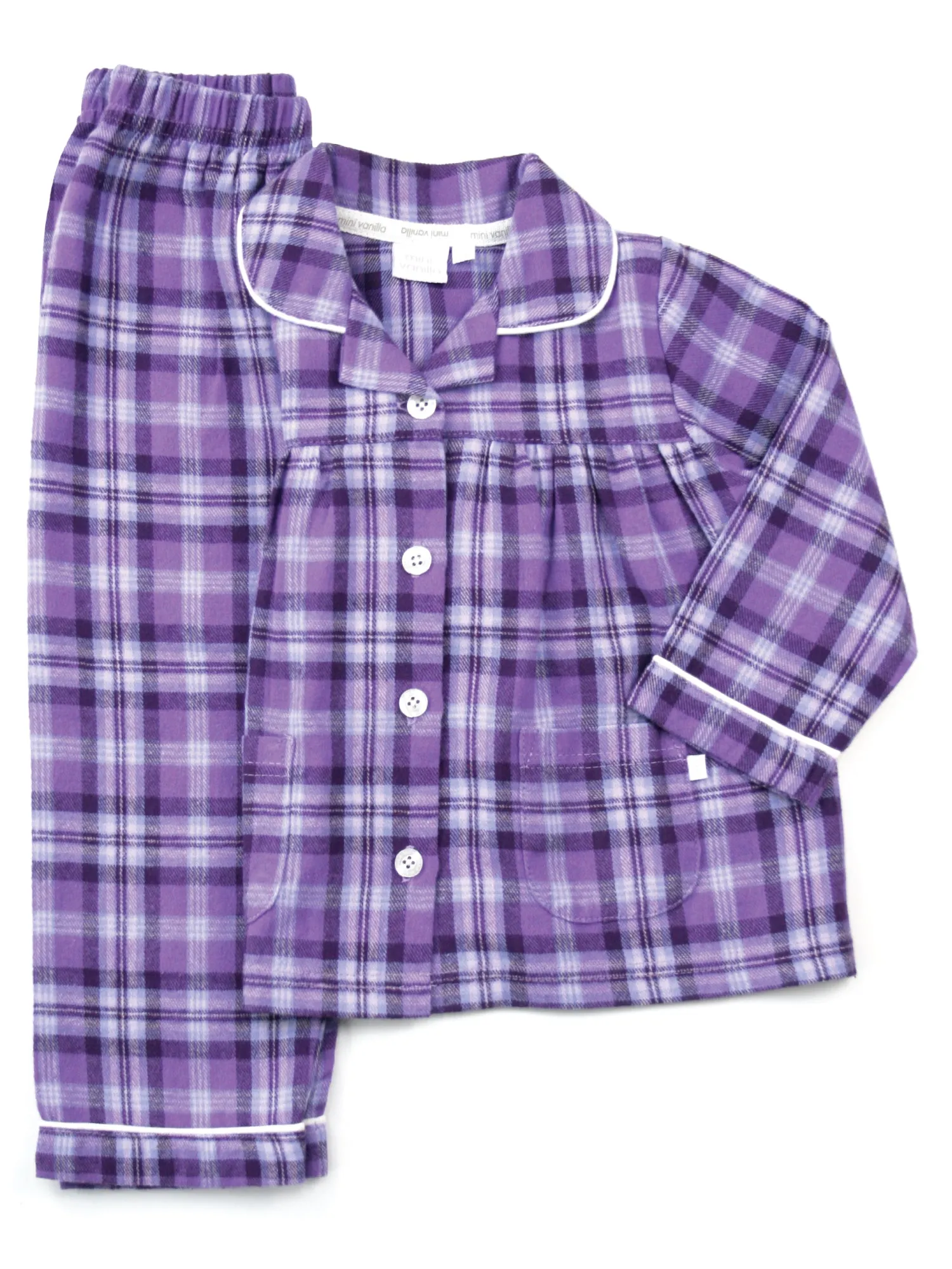 Girls Lilac Check Traditional Cotton Pyjama Set.