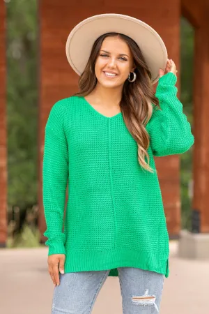 Green V-Neck Waffle Knit Sweater With Seam